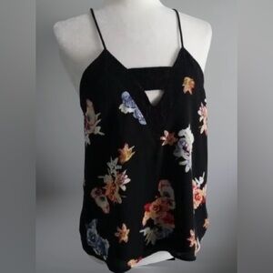 Express Black Floral Lined Zip Up Tank Top Medium